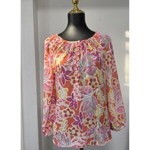 CHAPS Womens Blouse Top XL Sheer Chiffon Orange Pink Floral Shirt